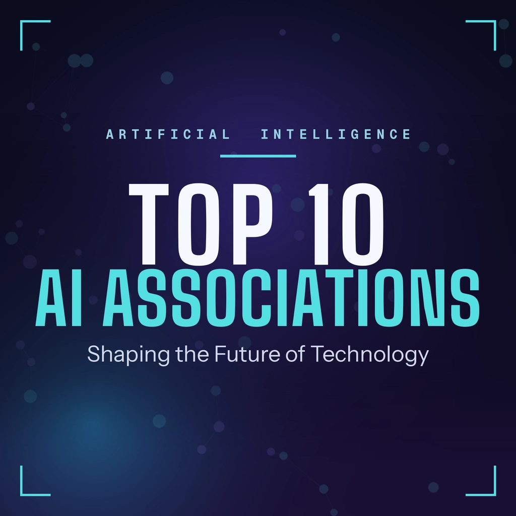 Top 10 AI associations ranked on a dark neural-network background, titled "Shaping the Future of Technology"