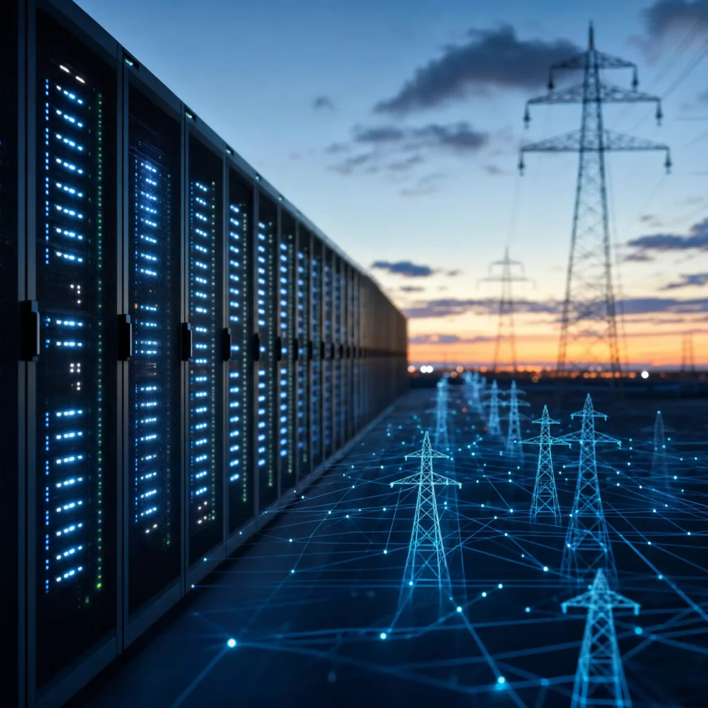 AI data centers with server racks and electricity grid transmission towers