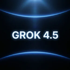 Grok 4.5 AI model logo with glowing blue lighting effects on a dark background