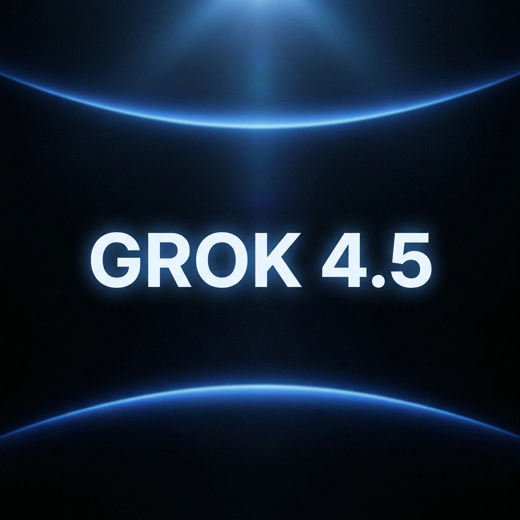 Grok 4.5 AI model logo with glowing blue lighting effects on a dark background