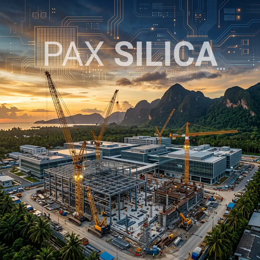 Here's an SEO-friendly alt text using the focus keyword naturally, without keyword-stuffing: Alt text: "Aerial view of the Pax Silica AI industrial hub under construction in New Clark City, Philippines, at golden hour